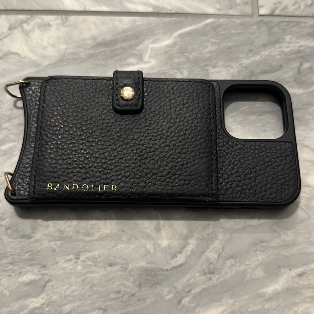 Bandolier iPhone 12/12 Pro, black leather w gold. Used, good condt. NO strap.